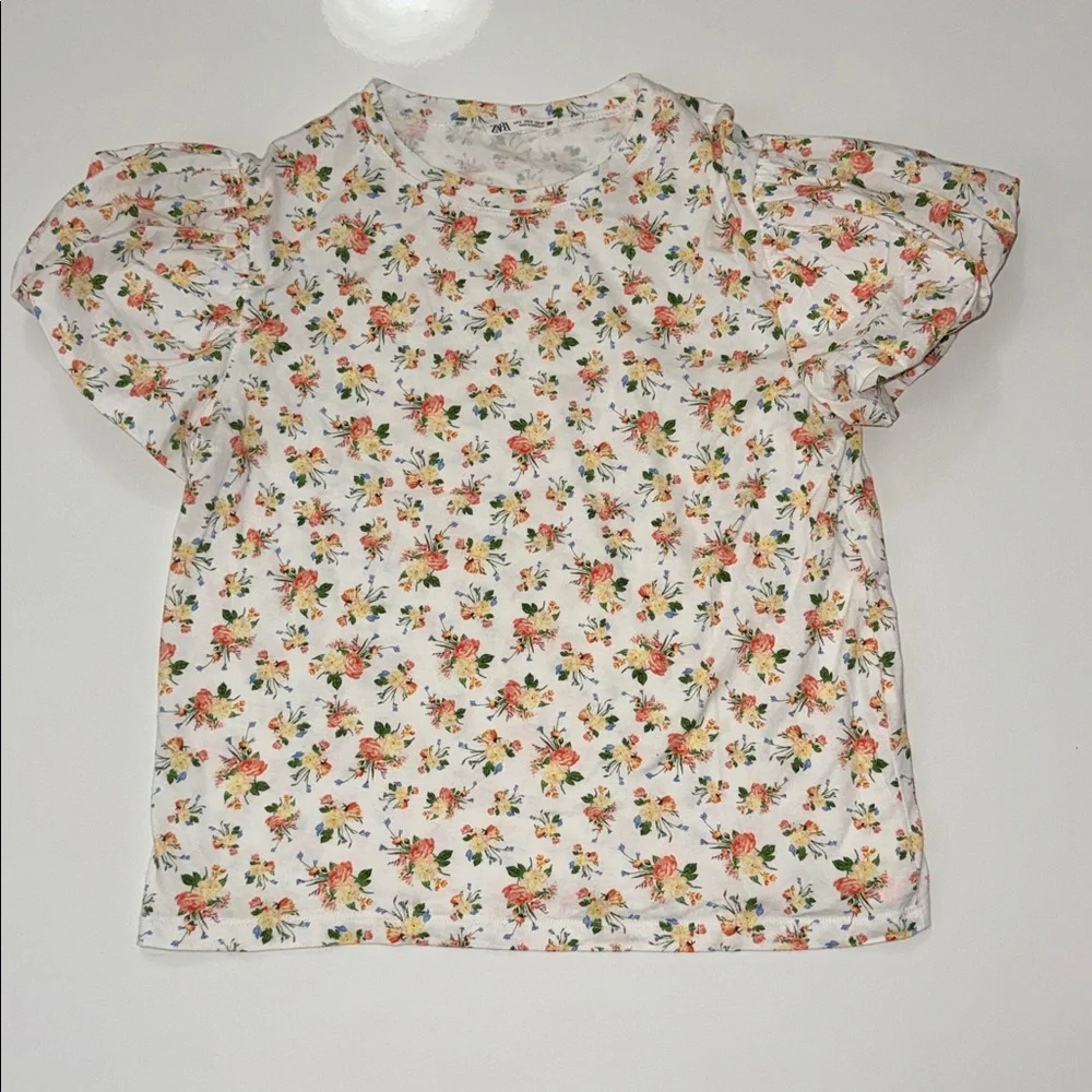 Zara Blouse Top Womens Size S White Floral Knit Puff Sleeve Crew Neck Pullover